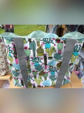 Premium Cotton Tote Bag with Cactus & Succulent Print - Mint Accents